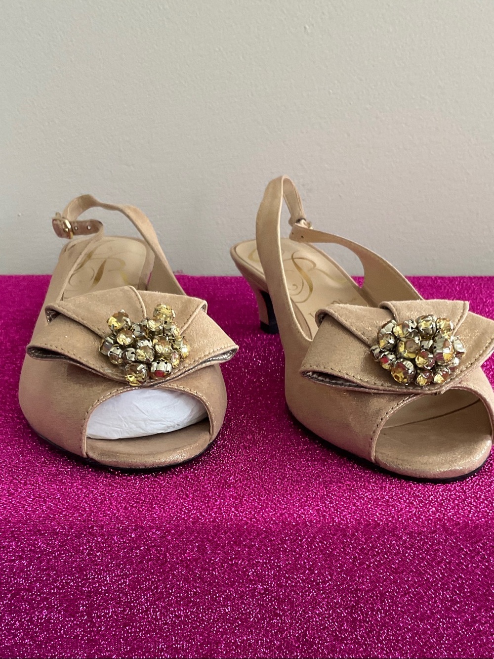 J.Renee Nude Peep-Toe Slingback Heels with Crystal Cluster